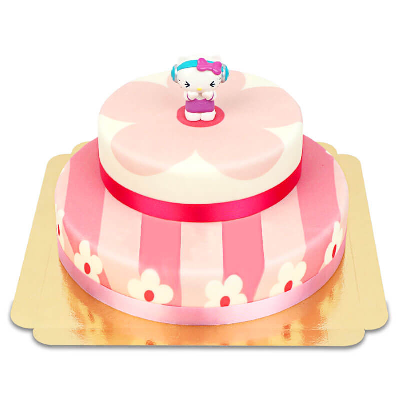 Figurine Hello Kitty® sur gâteau fleurs roses (2 étages)