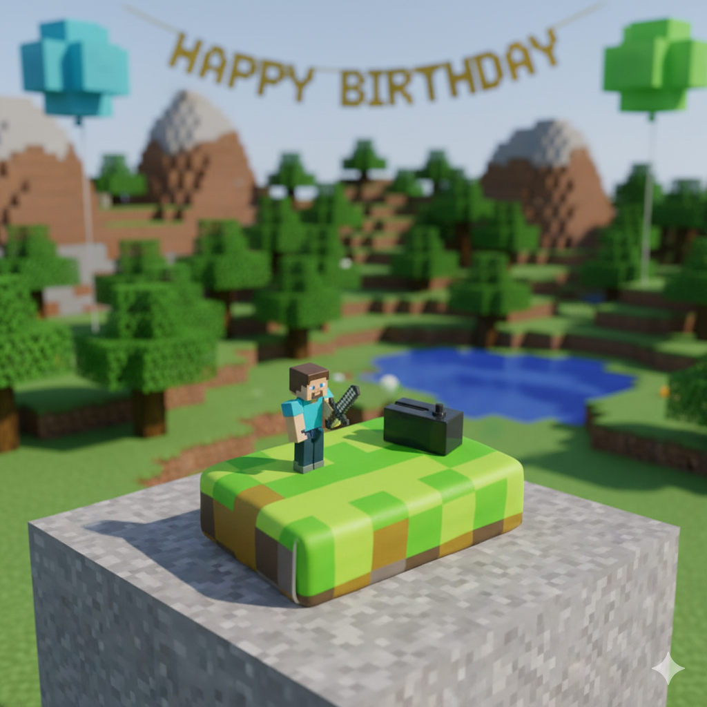 Minecraft®-Figur auf Spielewelt-Torte