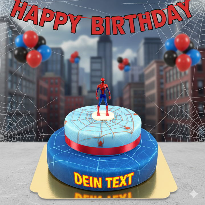 Gâteau Spiderman® et sa toile d'araignée avec ruban