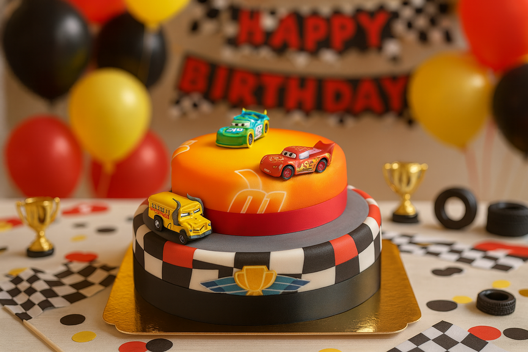 Cars® 2 - Figurines Flash® McQueen, Miss Fritter et Martin sur gâteau 2 étages