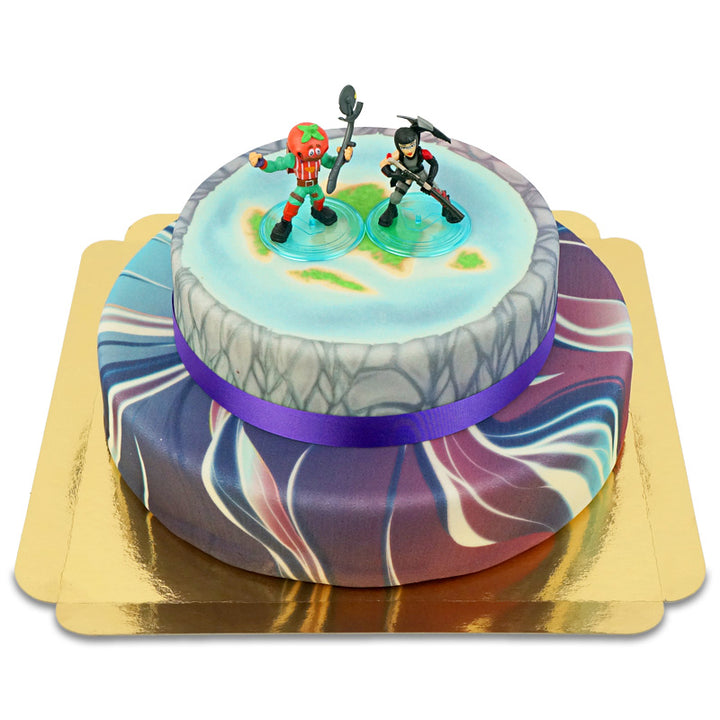 Figurine Fortnite® sur gâteau galaxie à 2 étages