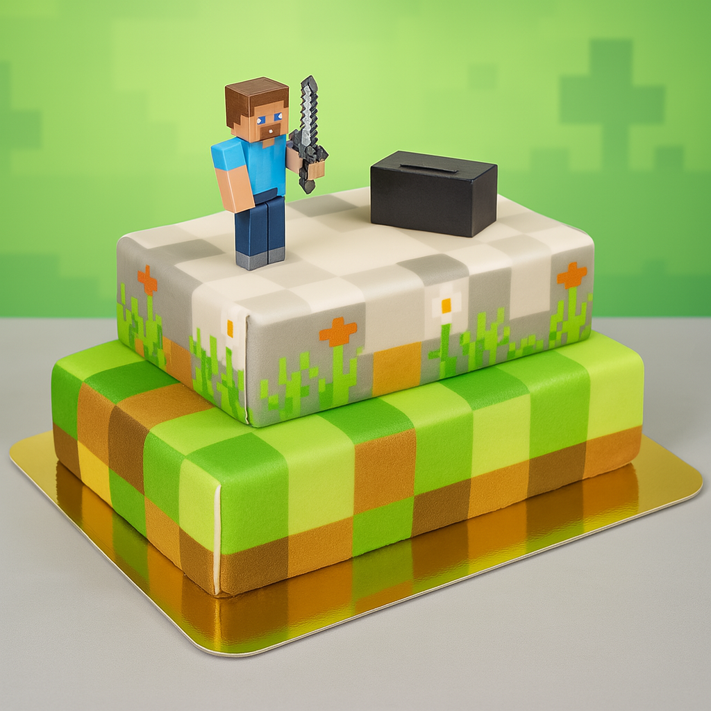 Figurines Minecraft® sur gâteau « monde des jeux » deux étages 