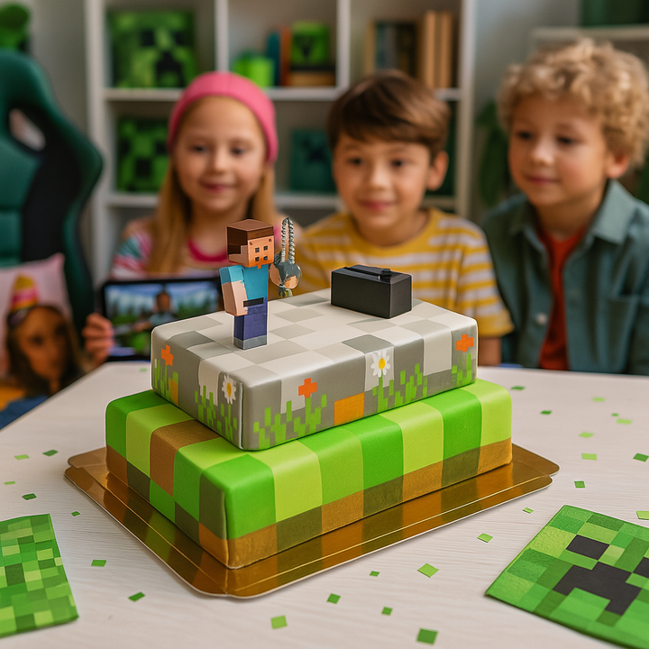 Figurines Minecraft® sur gâteau « monde des jeux » deux étages 