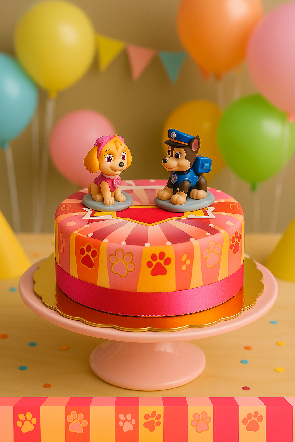Figurines Pat'Patrouille® sur gâteau avec pattes de chien roses 