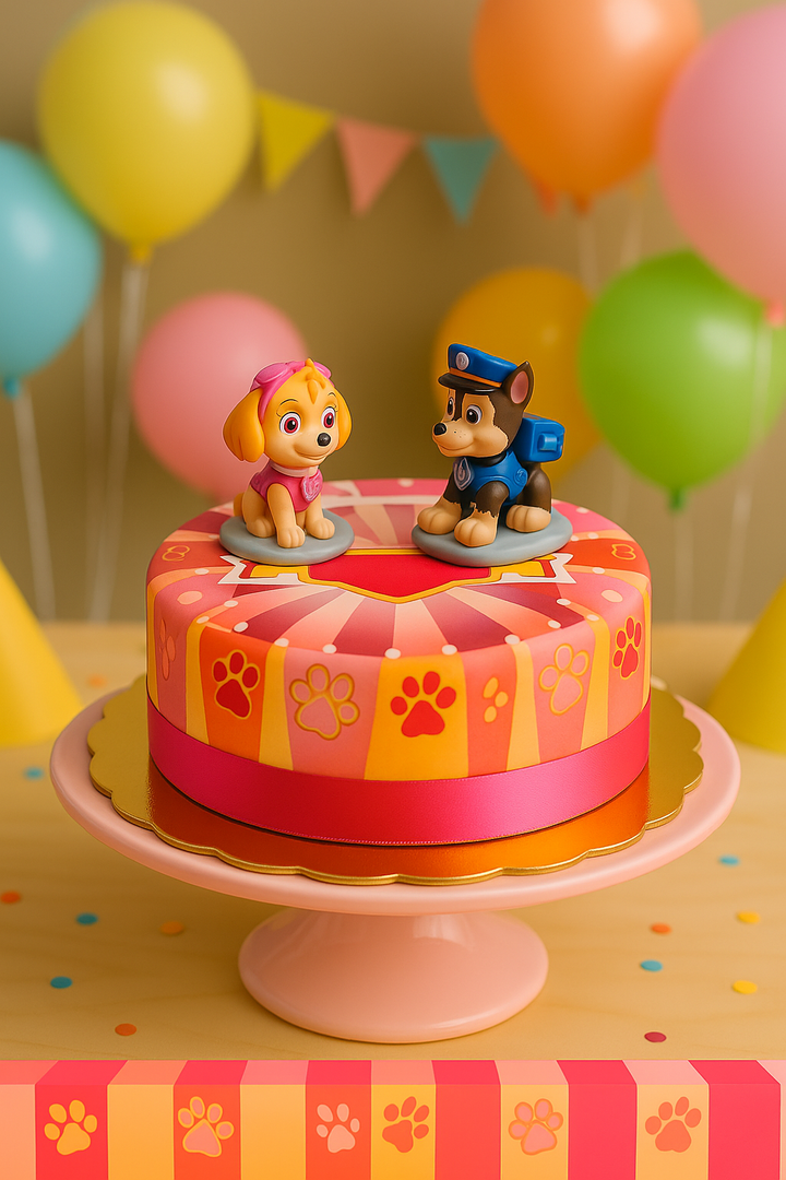 Figurines Pat'Patrouille® sur gâteau avec pattes de chien roses 