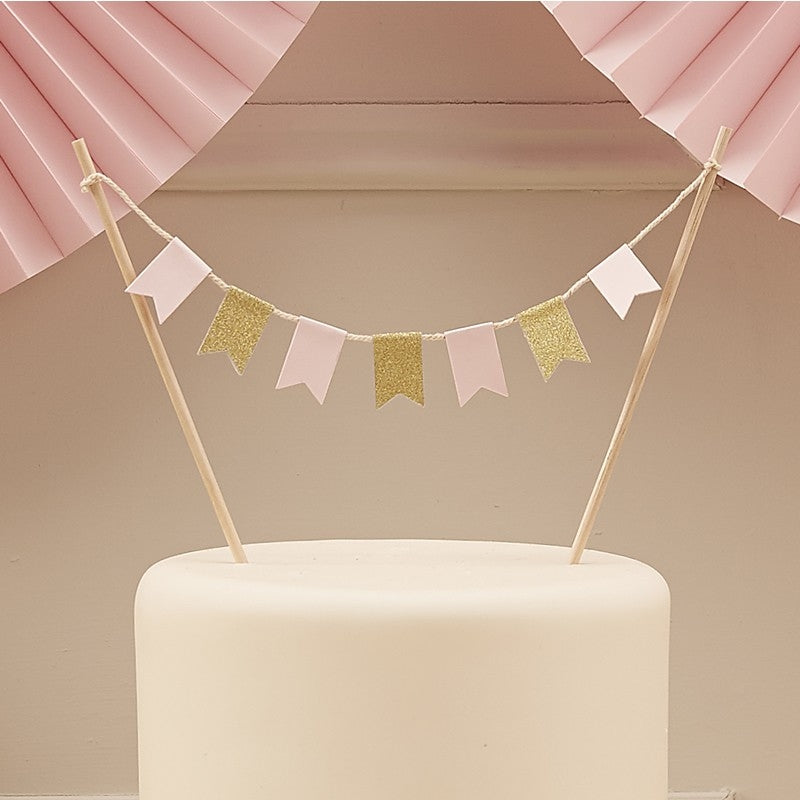 Cake Topper Rose Pastel et Doré avec Fanions