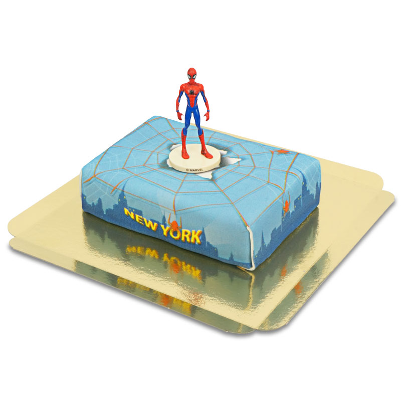 Figurine Spiderman® sur Gâteau avec toile d'araignée au-dessus de New York