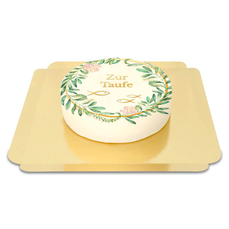 Gâteau rond de baptême avec motif eucalyptus